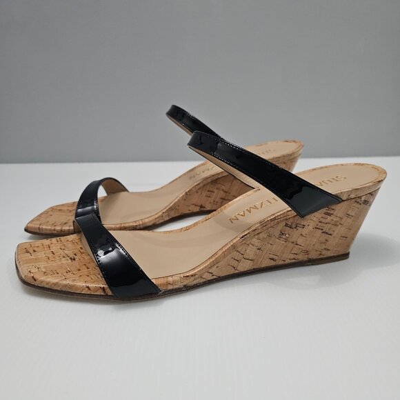 Stuart Weitzman Black Patent Leather Wedge Sandals - Picture 1 of 12